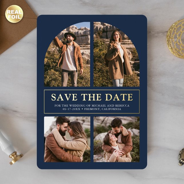Navy Blue Photo Collage Wedding Save the Date Gold (Creator Uploaded)