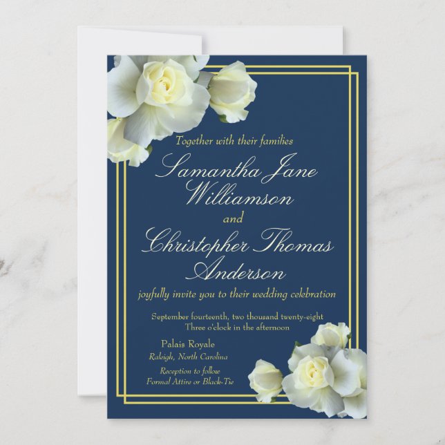 Navy Blue Photo Elegant Gold Script White Rose Invitation (Front)