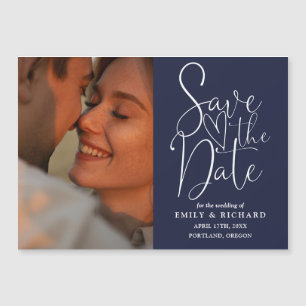 Navy Blue Photo Elegant Wedding Save The Date Magnetic Invitation