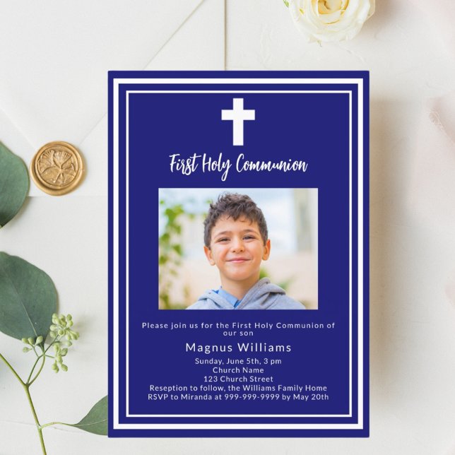 Navy blue photo First Holy Communion Invitation (Creator Uploaded)
