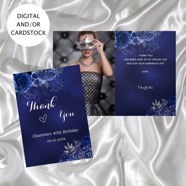 Navy blue photo flowers birthday thank you card (Creator Uploaded)