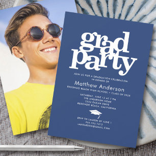 Navy Blue Photo Grad Party Bold Typography Minimal Invitation
