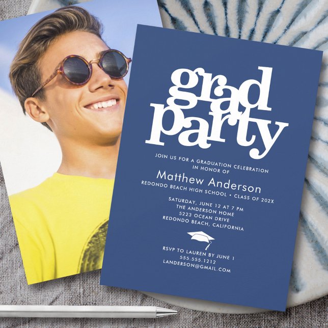 Navy Blue Photo Grad Party Bold Typography Minimal Invitation (Creator Uploaded)