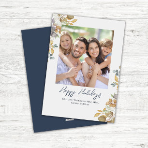 Navy Blue Photo Happy Holidays Greenery Holiday Card