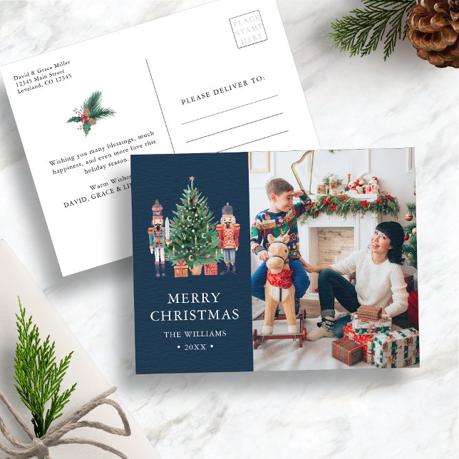Navy Blue Photo Holiday Postcard (Navy Blue Nutcracker Christmas Photo Holiday Postcard
)