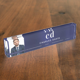 Navy blue photo initials professional executive nameplate
