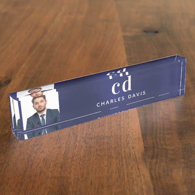 Navy blue photo initials professional executive nameplate (Side)