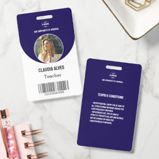 Navy Blue Photo Logo University Teacher Staff ID Badge