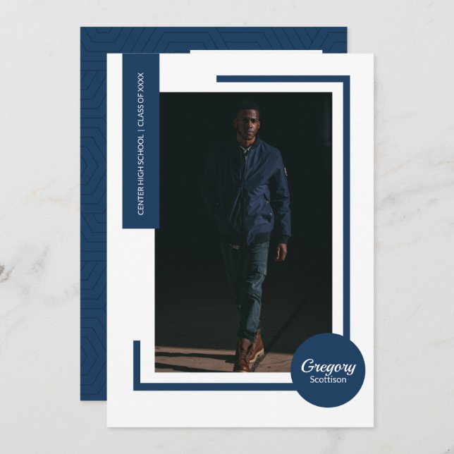 Navy Blue Photo Modern Photo Graduation Invite (Front/Back)