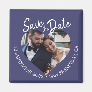 Navy Blue Photo Modern Script Save the Date Magnet