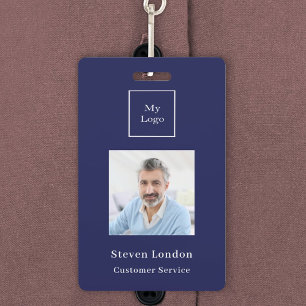 Navy blue photo name QR code business logo ID Badge