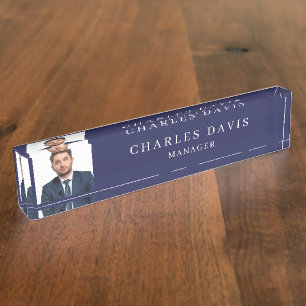 Navy blue photo office nameplate