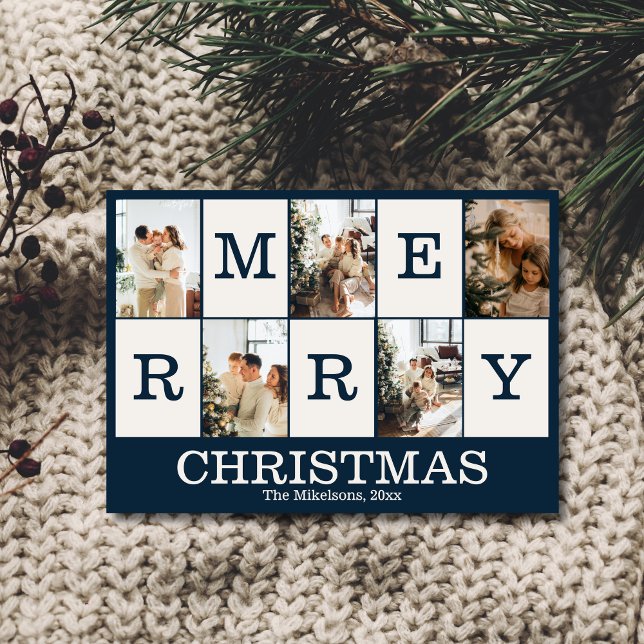 Navy Blue Photo personalised Merry Christmas Holiday Card (Creator Uploaded)