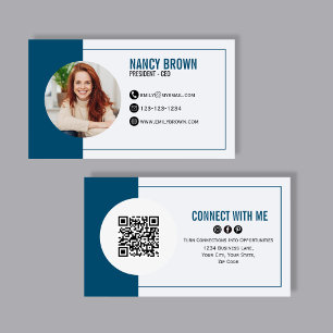 Navy Blue Photo QR Code Connect With Me Business Card