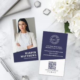 Navy Blue Photo QR Code Logo Vertical Business Card