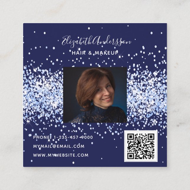 Navy blue photo qr code  square business card (Back)