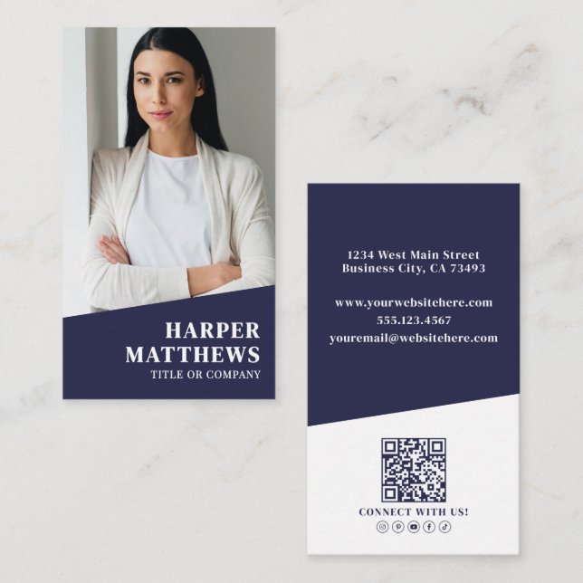 Navy Blue Photo QR Code Vertical Business Card (Front/Back)
