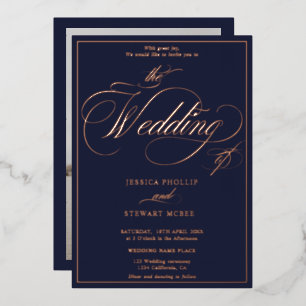 Navy blue photo script border wedding rose gold