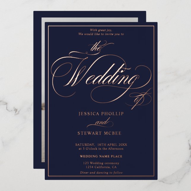 Navy blue photo script border wedding rose gold (Front/Back)