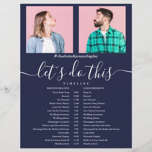 Navy Blue Photo Script Wedding Schedule Timeline (Front)