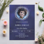 Navy blue photo silver glitter birthday invitation<br><div class="desc">A modern,  stylish and glamourous invitation for a 21 (or any age) birthday party.  A navy blue background,  decorated with faux silver glitter. The blue colour is uneven. Personalise and add your name,  photo and party details.</div>