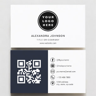 Navy Blue Photo with QR Code Social Media Business Card