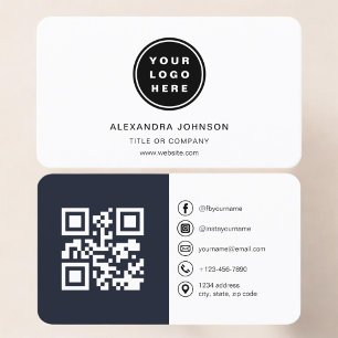 Navy Blue Photo with QR Code Social Media Business Card