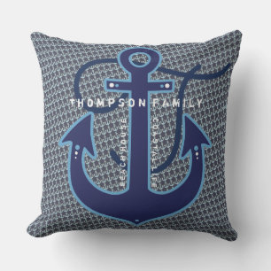 navy blue pillow with family name and boat anchor