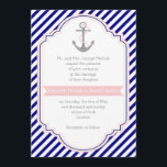 Navy blue, pink anchor & stripes nautical wedding invitation<br><div class="desc">Navy blue, white stripes and anchor nautical wedding invitation. A stylish striped pattern design with navy blue, white diagonal stripes, a grey anchor with a pink heart and rope and your text in a frame with a blush pink banner. Modern yet with a vintage look in a sense. You can...</div>