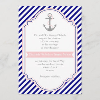 Navy blue, pink anchor & stripes nautical wedding invitation