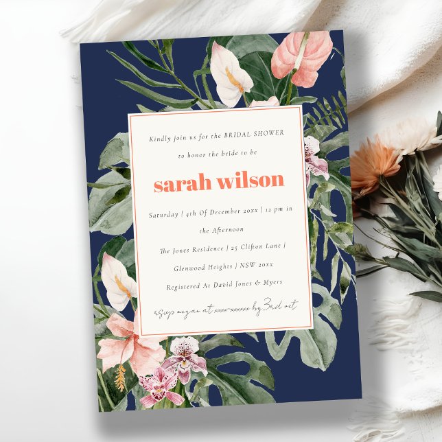 Navy Blue Pink Boho Tropical Floral Bridal Shower Invitation (Creator Uploaded)