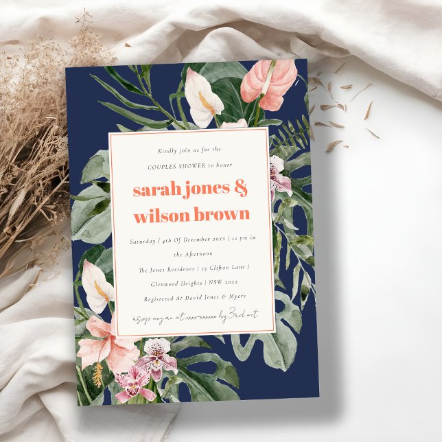Navy Blue Pink Boho Tropical Floral Couples Shower Invitation (Creator Uploaded)