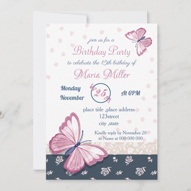 navy blue pink butterflies birthday party (Front)