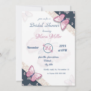 navy blue pink butterflies bridal shower card