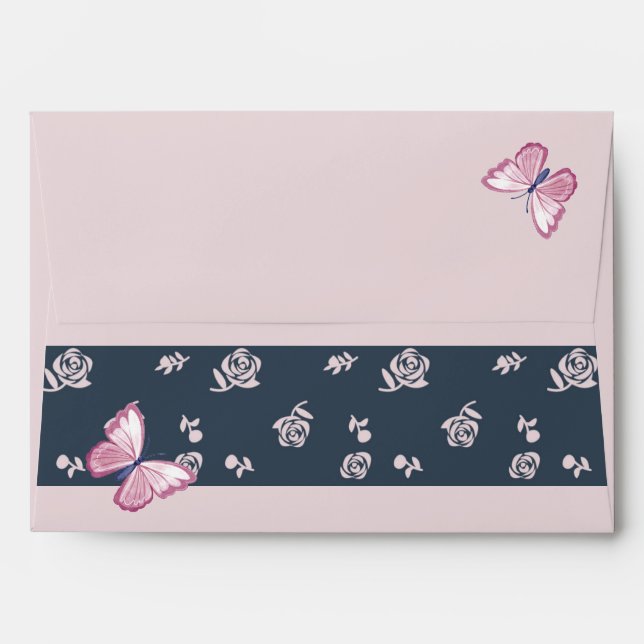 navy blue pink butterflies floral envelope (Back (Top Flap))