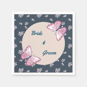 navy blue pink butterflies floral napkin