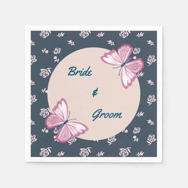 navy blue pink butterflies floral napkin (Front)