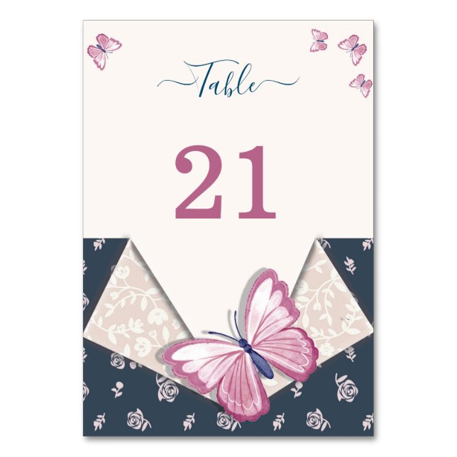 navy blue pink butterflies floral table number (Front)