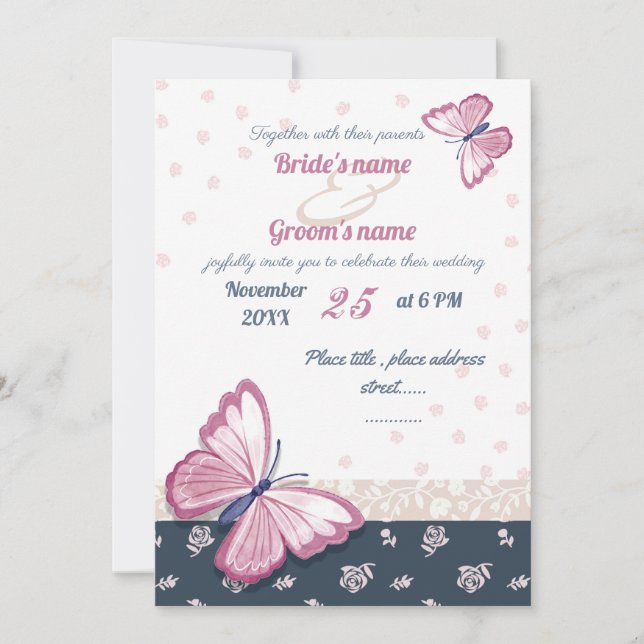 navy blue pink butterflies wedding invitation card (Front)