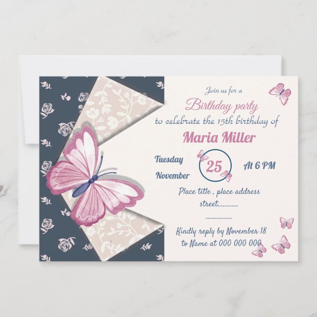 navy blue pink butterfly floral birthday party (Front)