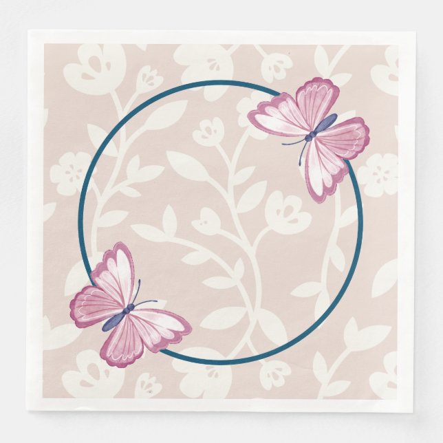 navy blue pink butterfly floral  napkin (Front)