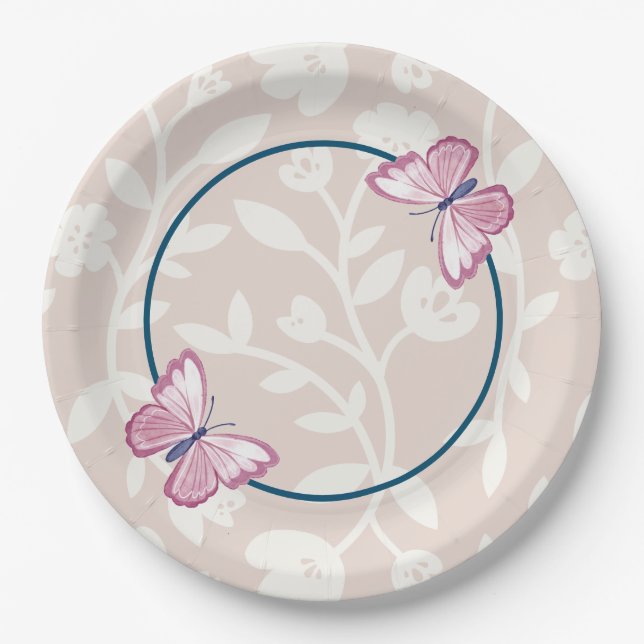navy blue pink butterfly floral paper plate (Front)