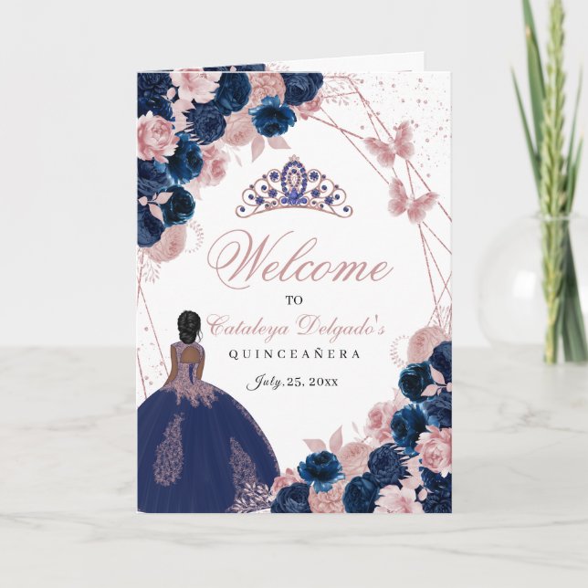 Navy Blue & Pink Butterfly Quinceanera Program Invitation (Front)