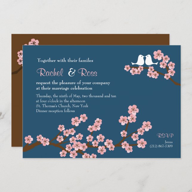 Navy Blue & Pink Cherry Blossom Garden Wedding Invitation (Front/Back)