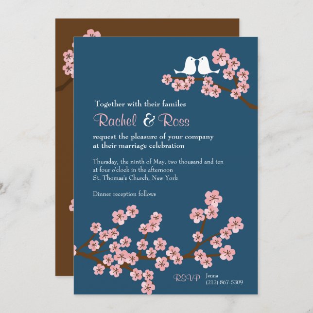 Navy Blue & Pink Cherry Blossom Spring Wedding Invitation (Front/Back)
