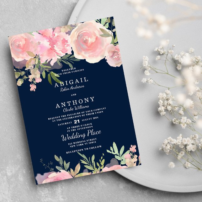 Navy blue pink coral green roses floral Wedding  Invitation (Navy blue pink coral green roses floral Wedding )
