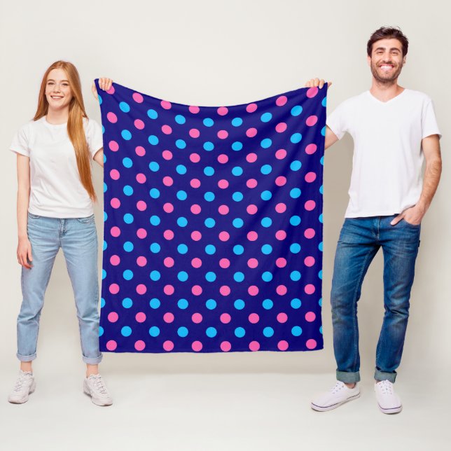 Navy Blue Pink Cyan Polka Dot Pattern Fleece Blanket (In Situ)