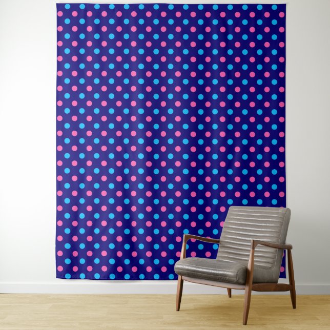 Navy Blue Pink Cyan Polka Dot Pattern Tapestry (In Situ)