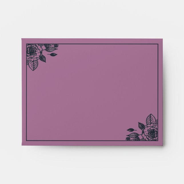Navy Blue & Pink Delicate Rose Border | Wedding Envelope (Front)