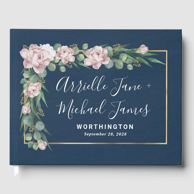 Navy Blue & Pink Dusty Rose Greenery Gold Wedding Guest Book (Front)